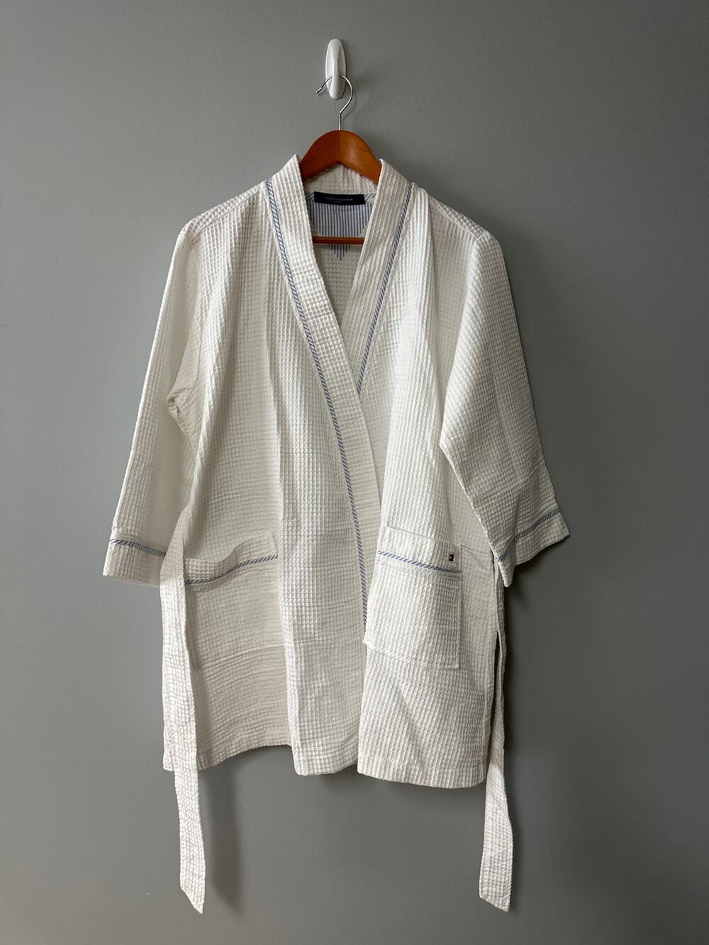 Tommy Hilfiger Waffle Weave Spa Robe White Cotton Belted Short Robe Womens Small